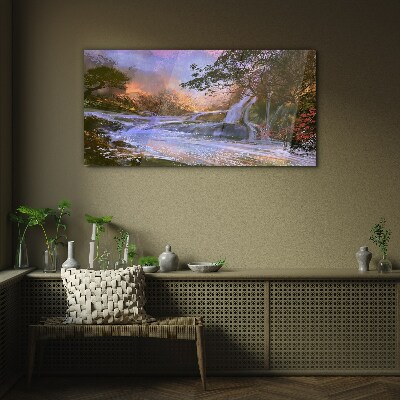 Peaceful landscape with a waterfall Glass Wall Art