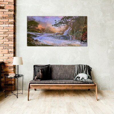 Peaceful landscape with a waterfall Glass Wall Art
