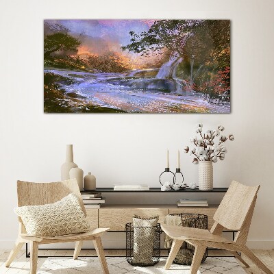 Peaceful landscape with a waterfall Glass Wall Art