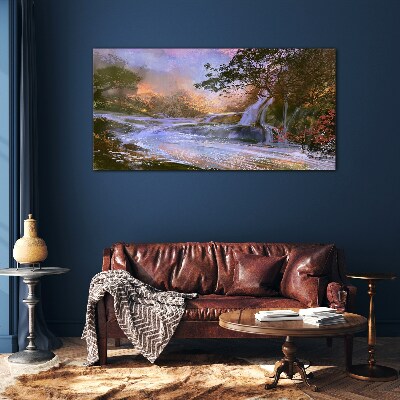 Peaceful landscape with a waterfall Glass Wall Art