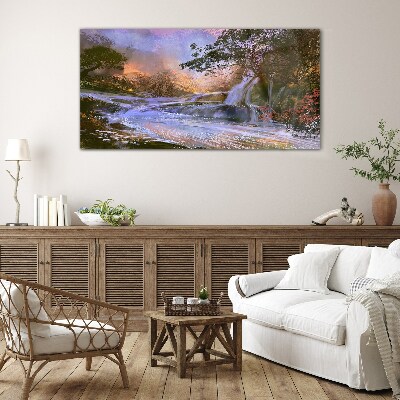 Peaceful landscape with a waterfall Glass Wall Art