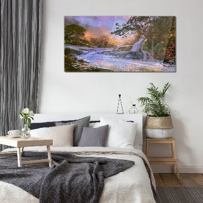 Peaceful landscape with a waterfall Glass Wall Art