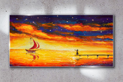 Sunset over the sea Glass Wall Art