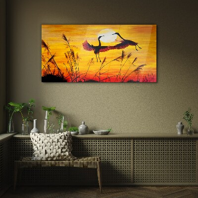 Dancing cranes at sunset Glass Wall Art