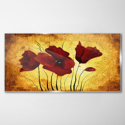 Red poppies on a yellow background Glass Wall Art