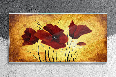 Red poppies on a yellow background Glass Wall Art