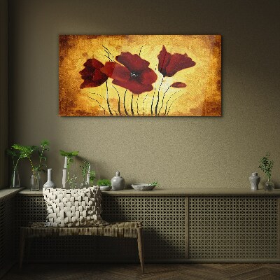 Red poppies on a yellow background Glass Wall Art