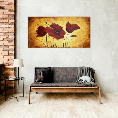 Red poppies on a yellow background Glass Wall Art