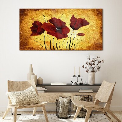 Red poppies on a yellow background Glass Wall Art