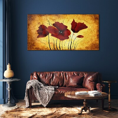 Red poppies on a yellow background Glass Wall Art