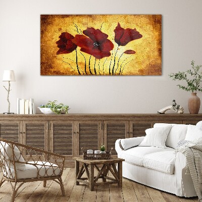 Red poppies on a yellow background Glass Wall Art
