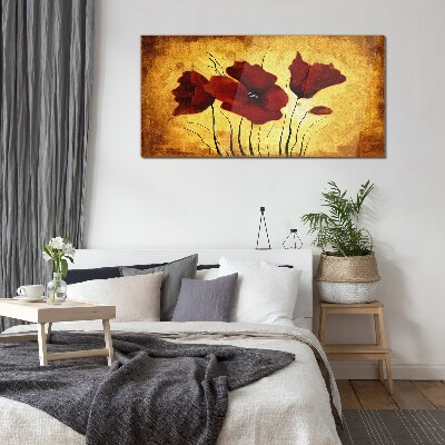 Red poppies on a yellow background Glass Wall Art