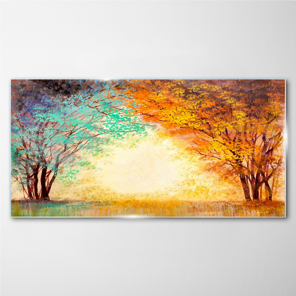 Golden Trees in the Morning Light Glass Wall Art