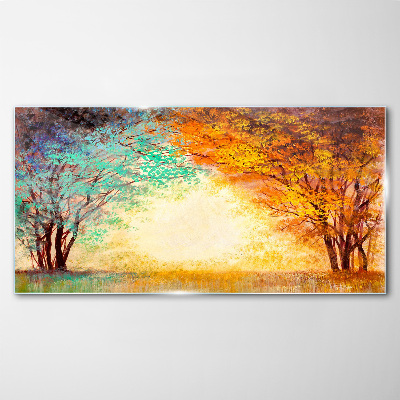 Golden Trees in the Morning Light Glass Wall Art
