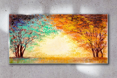 Golden Trees in the Morning Light Glass Wall Art