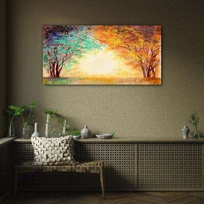 Golden Trees in the Morning Light Glass Wall Art
