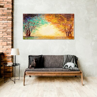 Golden Trees in the Morning Light Glass Wall Art