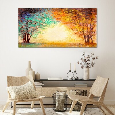 Golden Trees in the Morning Light Glass Wall Art