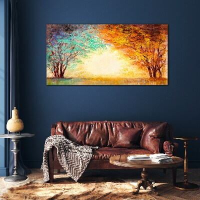 Golden Trees in the Morning Light Glass Wall Art
