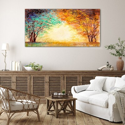 Golden Trees in the Morning Light Glass Wall Art