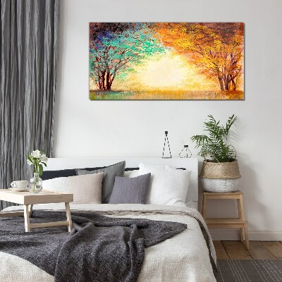 Golden Trees in the Morning Light Glass Wall Art
