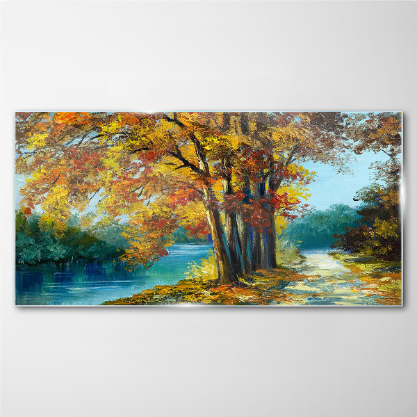 Autumn alley by the river Glass Wall Art