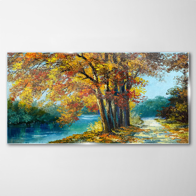 Autumn alley by the river Glass Wall Art