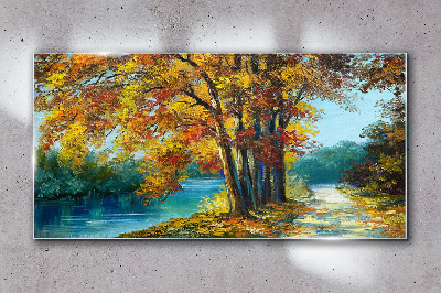 Autumn alley by the river Glass Wall Art