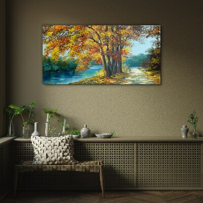 Autumn alley by the river Glass Wall Art