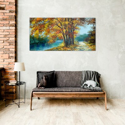 Autumn alley by the river Glass Wall Art