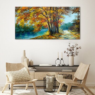 Autumn alley by the river Glass Wall Art