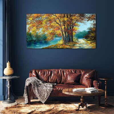 Autumn alley by the river Glass Wall Art