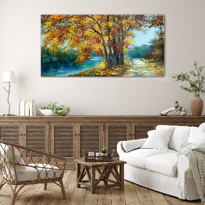 Autumn alley by the river Glass Wall Art