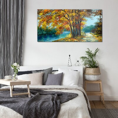 Autumn alley by the river Glass Wall Art