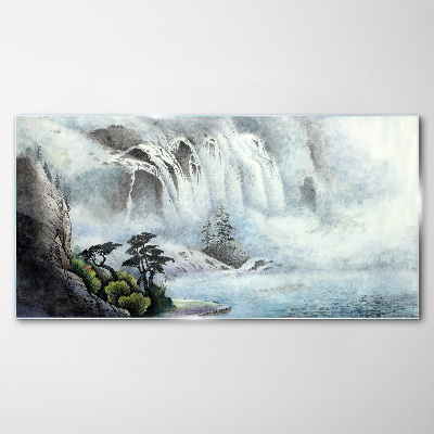 Waterfall in a mystical landscape Glass Wall Art