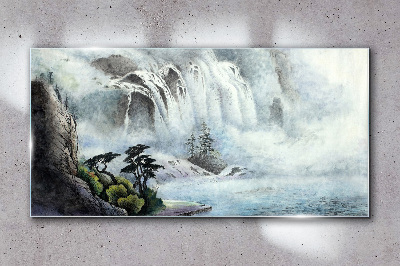 Waterfall in a mystical landscape Glass Wall Art