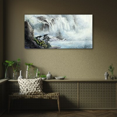 Waterfall in a mystical landscape Glass Wall Art