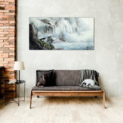 Waterfall in a mystical landscape Glass Wall Art