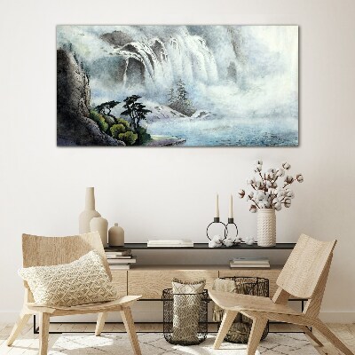 Waterfall in a mystical landscape Glass Wall Art