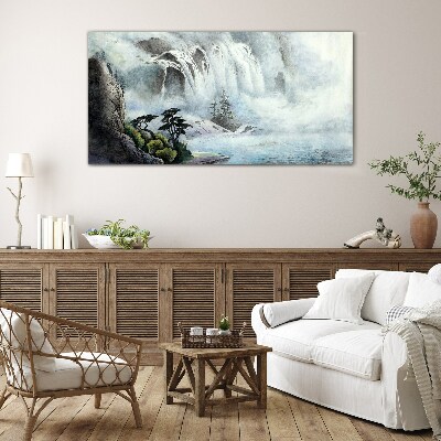 Waterfall in a mystical landscape Glass Wall Art