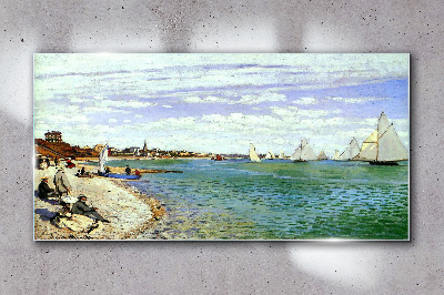 Seaside landscape with sailboats Glass Wall Art