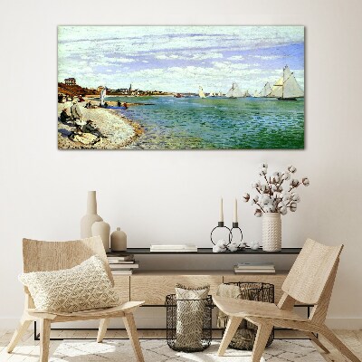 Seaside landscape with sailboats Glass Wall Art
