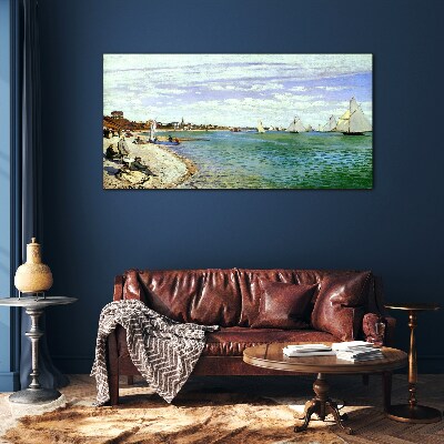Seaside landscape with sailboats Glass Wall Art