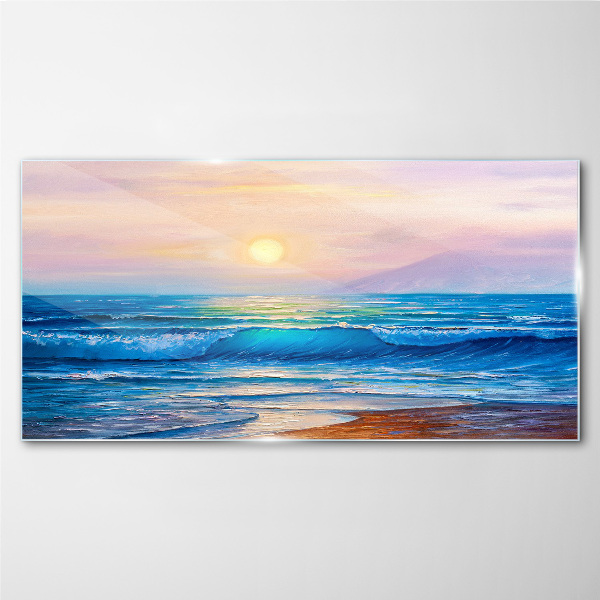 Coast waves sky sun Glass Wall Art
