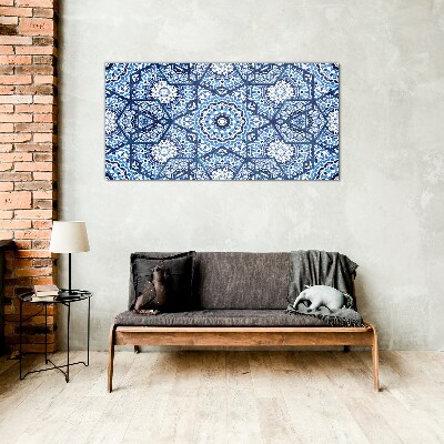 Geometric patterns in shades of blue Glass Wall Art