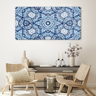 Geometric patterns in shades of blue Glass Wall Art