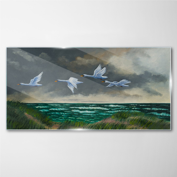 Flight of swans over the sea Glass Wall Art