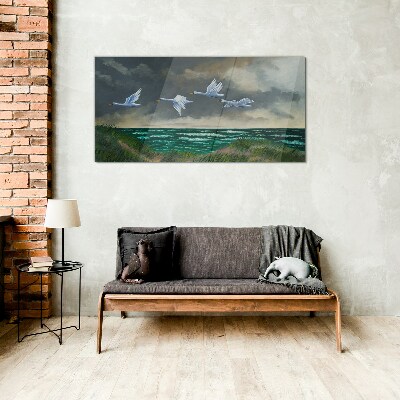 Flight of swans over the sea Glass Wall Art