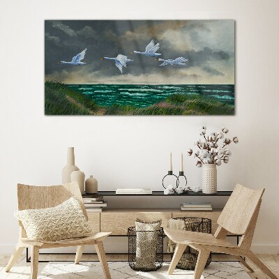 Flight of swans over the sea Glass Wall Art
