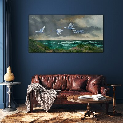 Flight of swans over the sea Glass Wall Art